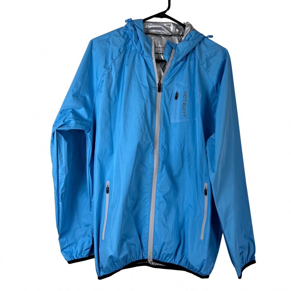 HOTSUIT Sauna Sweat Jacket Women’s XL Blue Silver Hooded Workout Zip Up